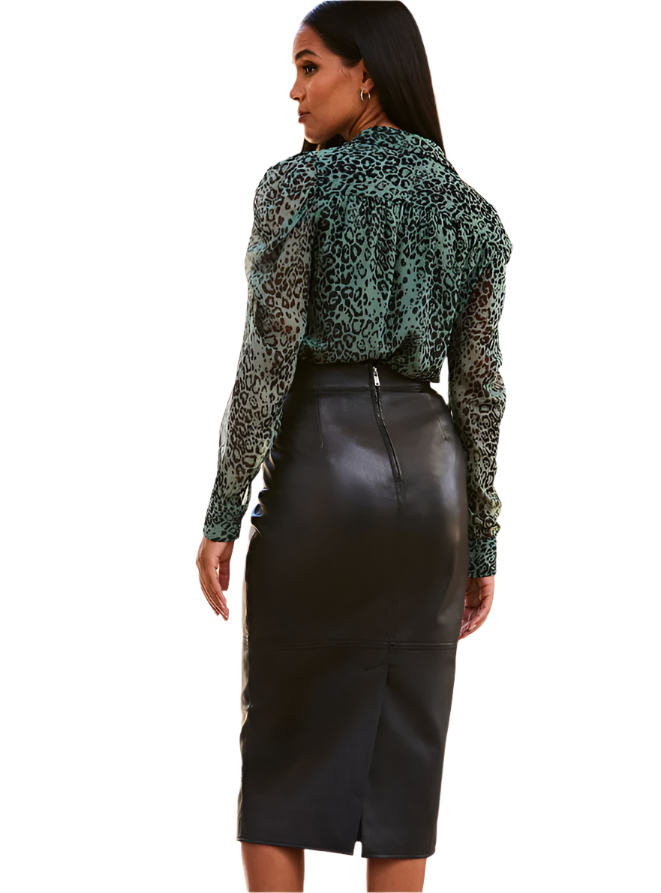 Women's Black Genuine Leather Pencil Midi Skirt