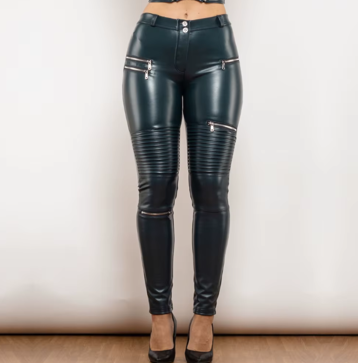 Women's Dark Blue Leather motorcycle leggings pants with fur inside