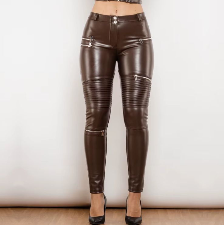 Women's Brown Leather motorcycle leggings pants with fur inside