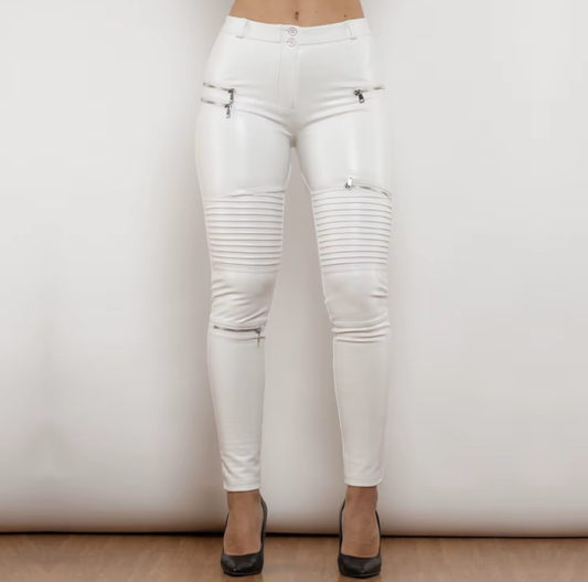 Women's White Leather motorcycle leggings pants with fur inside