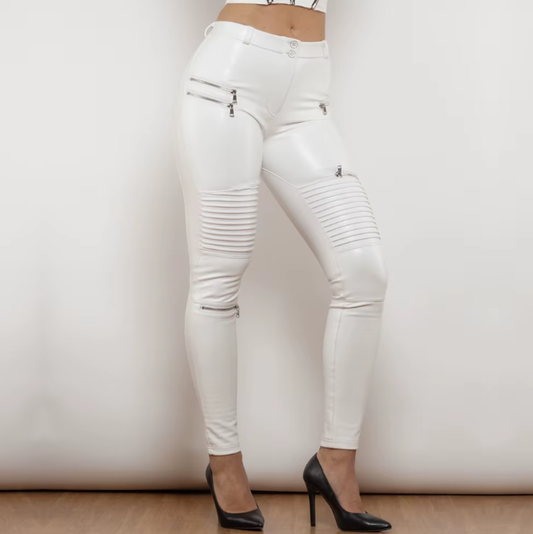 Women's White Leather motorcycle leggings pants with fur inside