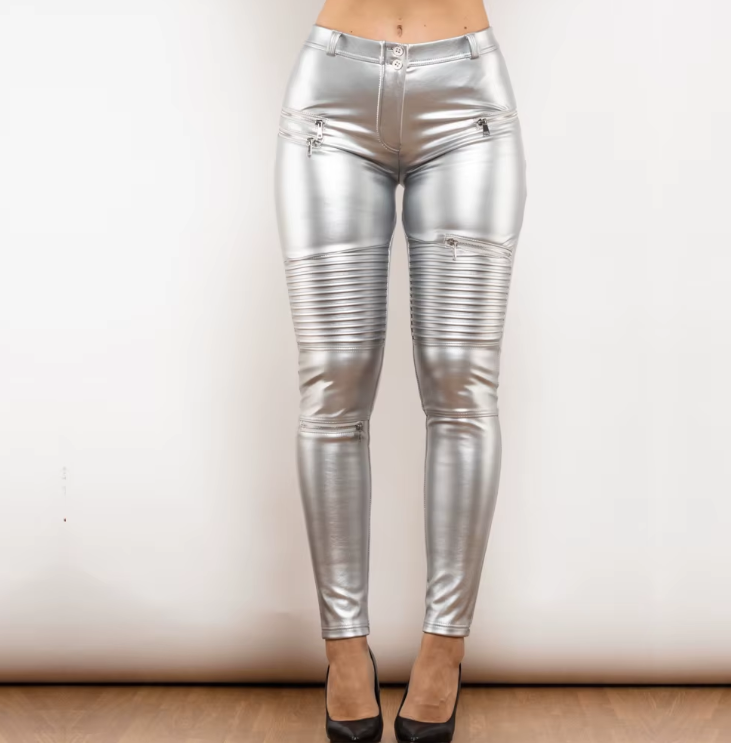 Women's Silver Leather motorcycle leggings pants with fur inside