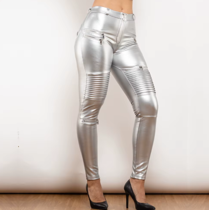 Women's Silver Leather motorcycle leggings pants with fur inside