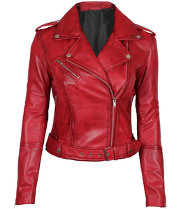 Women's Red Leather Biker Jacket