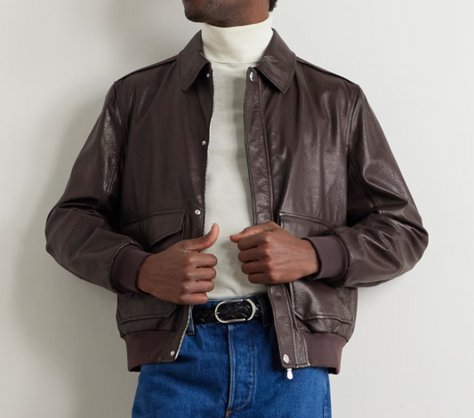 Men's Brown Leather Bomber Jacket