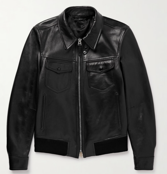 Blouson motard matelassé noir à col nageur en cuir véritable