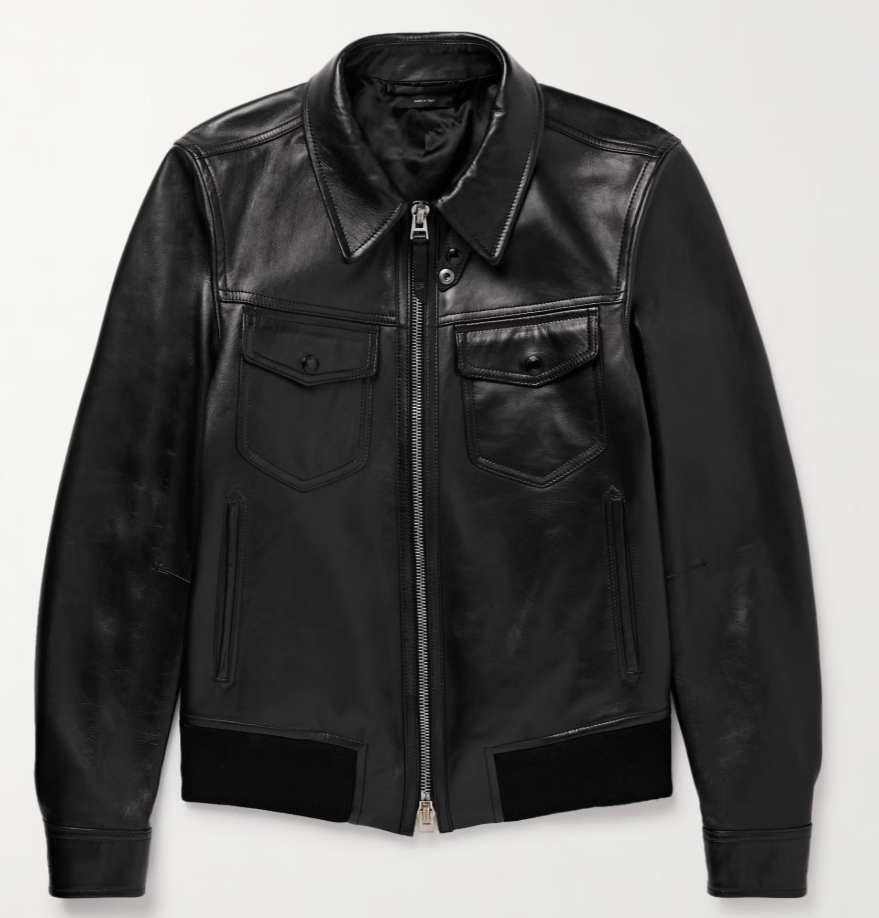 Blouson motard matelassé noir à col nageur en cuir véritable