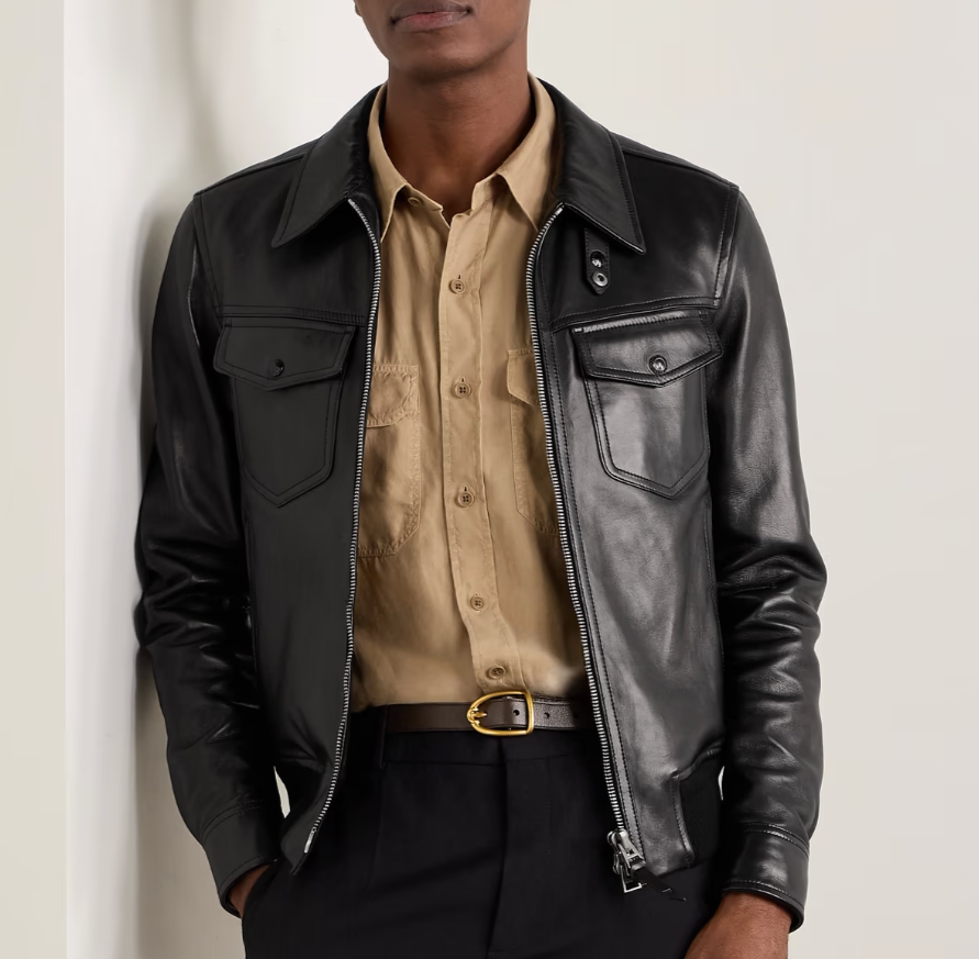 Blouson motard matelassé noir à col nageur en cuir véritable