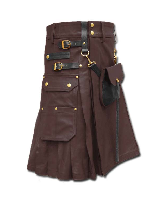 Men's Dark Brown Leather Kilt With Sporran