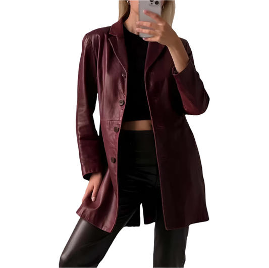 Women's Burgundy 3/4 Length Leather Coat