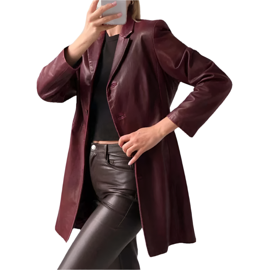 Women's Burgundy 3/4 Length Leather Coat