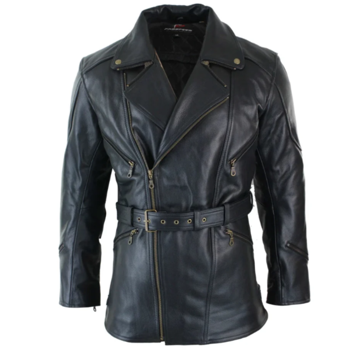 Men's Belted Black Leather Long Moto Jacket