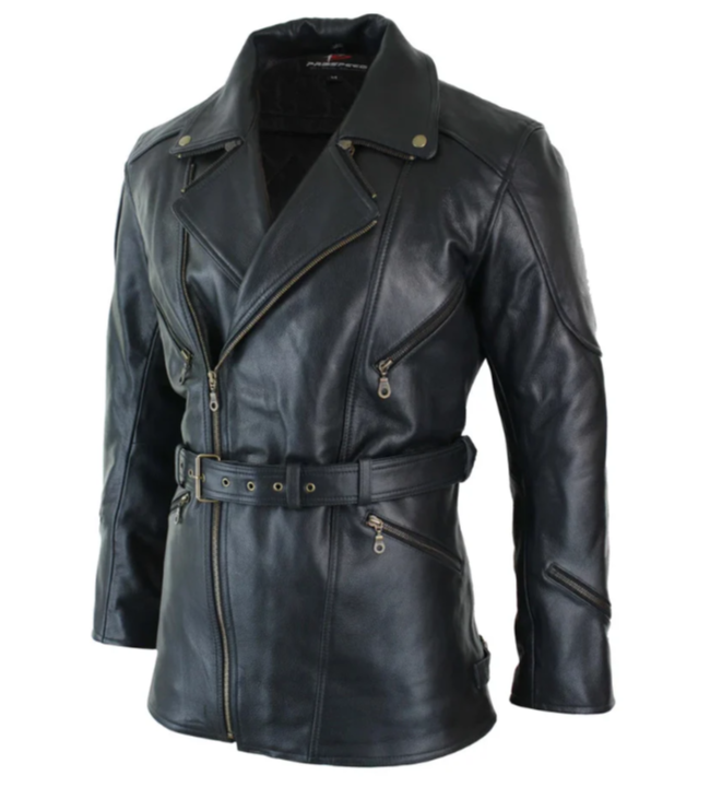 Men's Belted Black Leather Long Moto Jacket