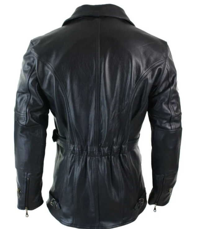 Men's Belted Black Leather Long Moto Jacket