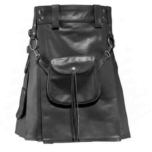 Men's Black Leather Kilt with Sporran