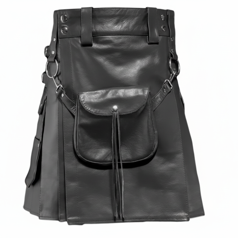 Men's Black Leather Kilt with Sporran