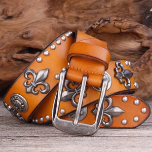 Men's High Quality Leather Belt Metal Rivet Cowboy Belt Top Grain Belt Punk