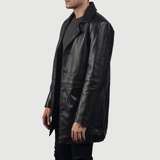 Men's Black Genuine Leather 3/4 Length Coat