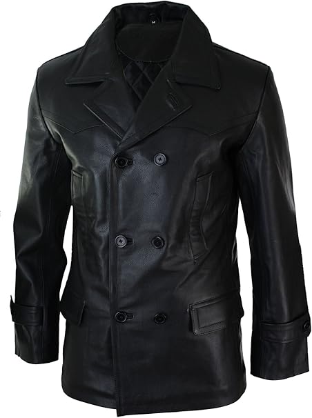 Men's Black Genuine Leather 3/4 Pea Coat Jacket