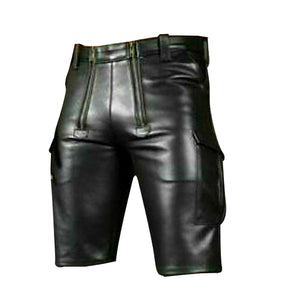 Men's Genuine Leather Cargo Shorts with Double Zip Front