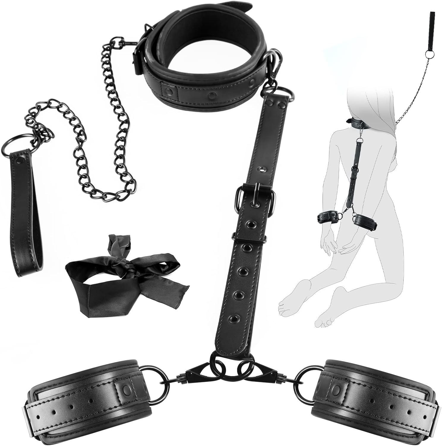 Bondage BDSM Handcuffs, 5 Pcs Restraints Adjustable Leather Blindfold –  Leather Right