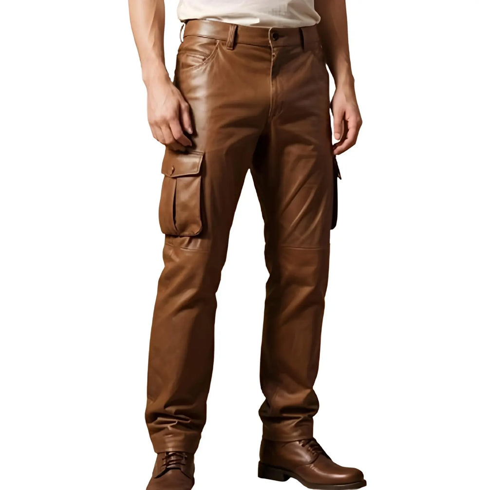 Men's Brown Leather Cargo Pants Trouser