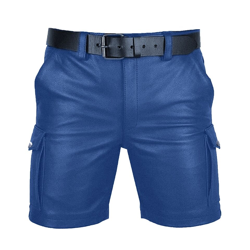 Short cargo décontracté en cuir véritable pour hommes avec ceinture