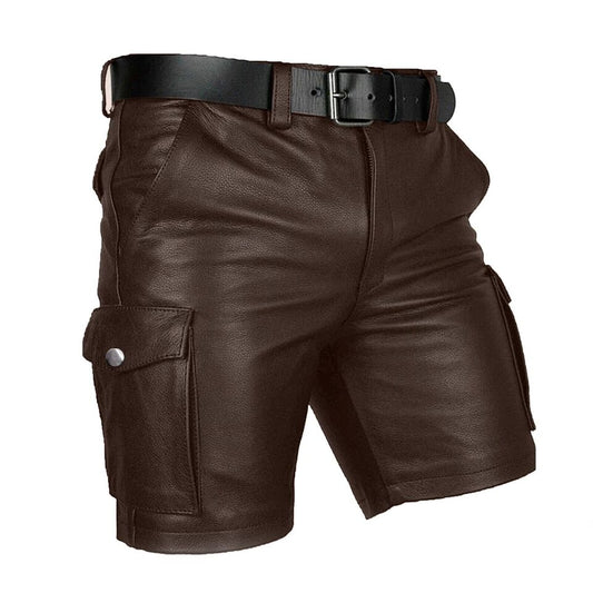 Men's Genuine Leather Casual Cargo Shorts with Belt