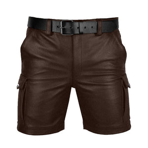 Short cargo décontracté en cuir véritable pour hommes avec ceinture