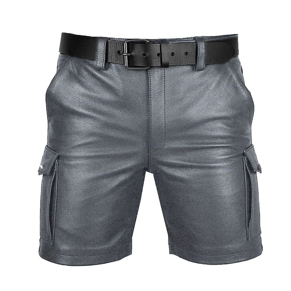 Lässige Cargo-Shorts aus echtem Leder für Herren mit Gürtel