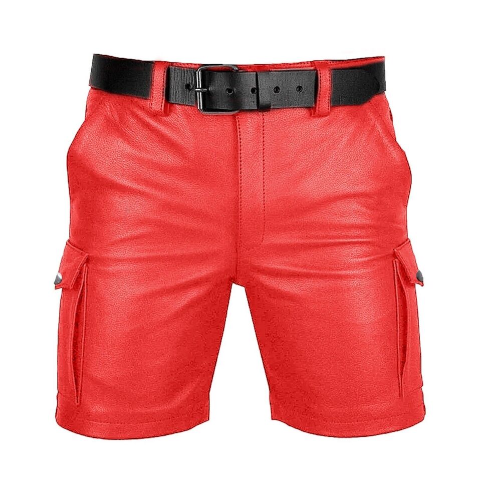 Men's Genuine Leather Casual Cargo Shorts with Belt