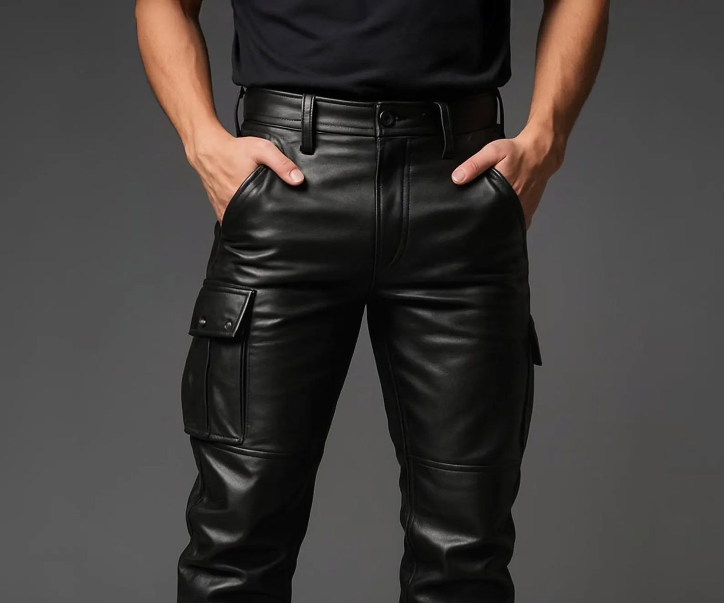 Men's Black Leather Cargo Pants