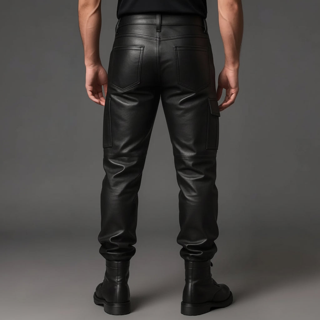 Men's Black Leather Cargo Pants