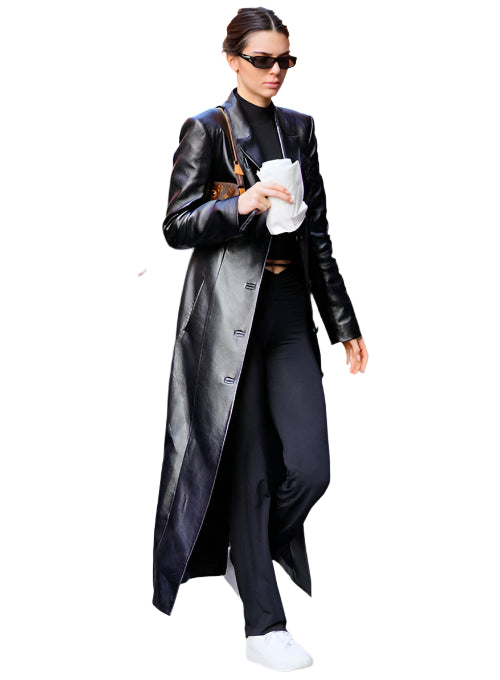 KENDALL JENNER Black Leather Long Coat Trench