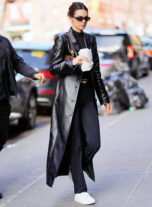 KENDALL JENNER Black Leather Long Coat Trench