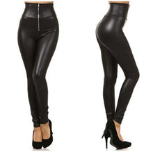 Load image into Gallery viewer, Ladies Black Solid Color Slim Zipper PU Leather Leggings
