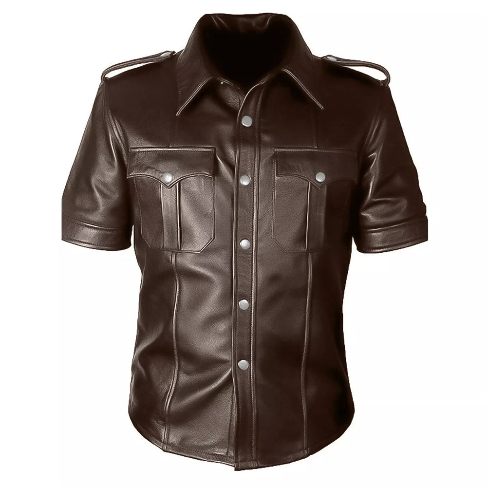 Men's Dark Brown Real Leather Short Sleeve Shirt