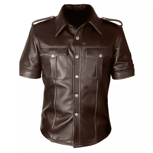 Men's Dark Brown Real Leather Short Sleeve Shirt