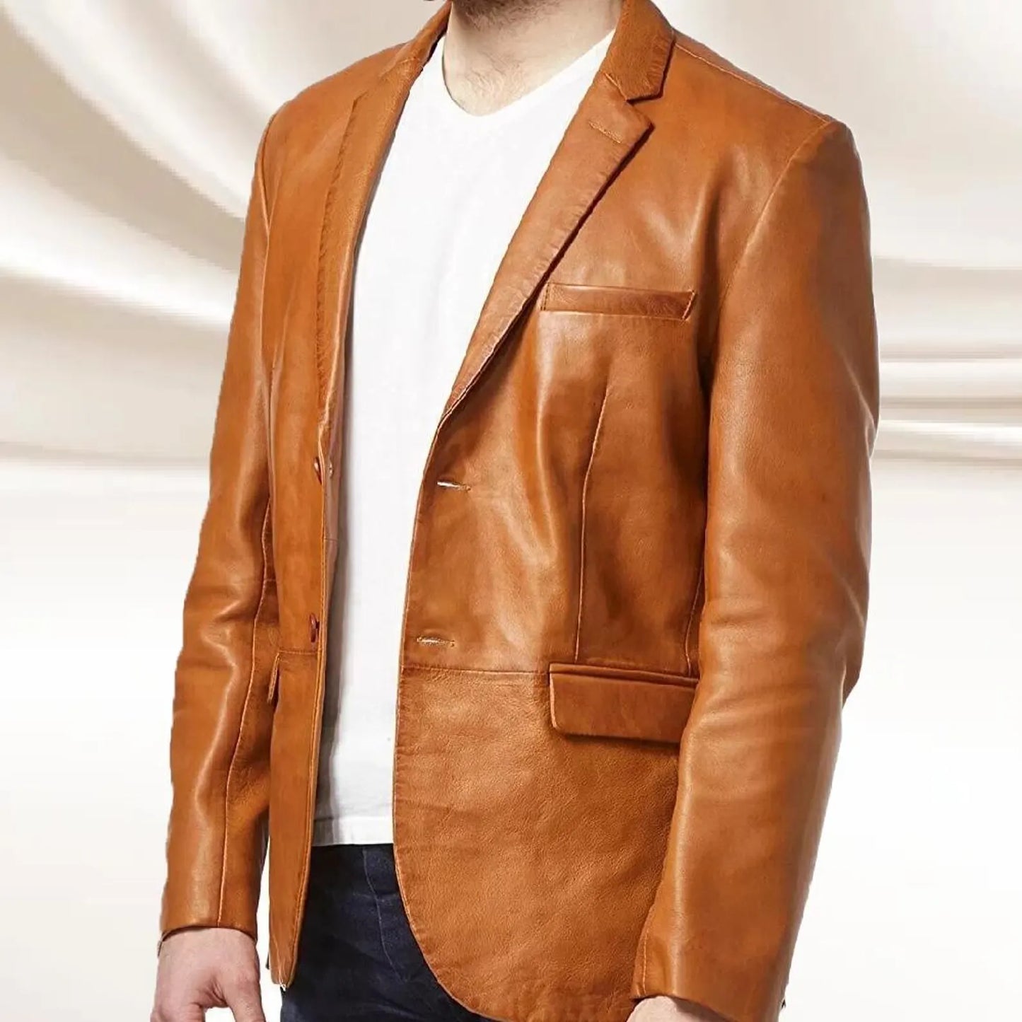 Men's Tan Genuine Lamb Leather Blazer Jacket