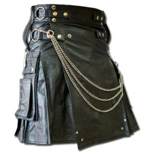 Men's Black Leather Kilt Chained