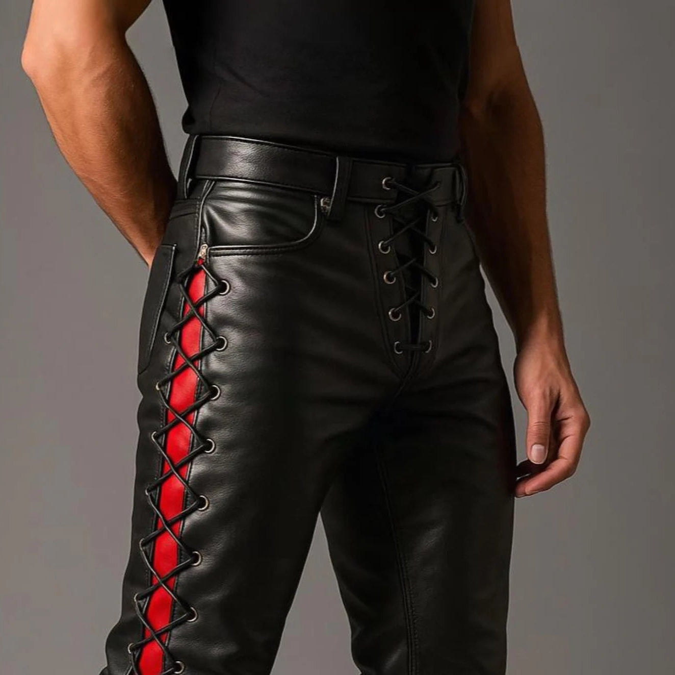 Men's Genuine Leather Lace Up Pants