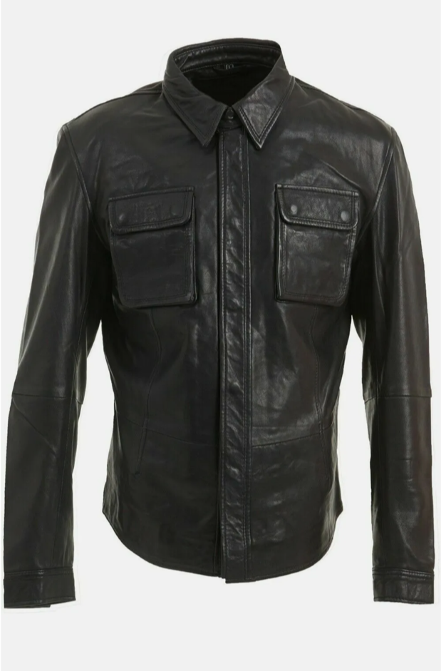 Men's Black Genuine Leather Long Sleeve Shirt Jacket