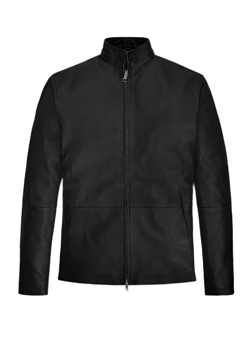 Men's Black Leather Racer Neck Jacket