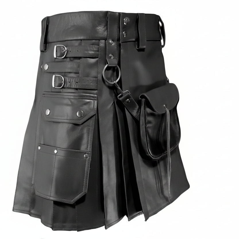 Men's Black Leather Kilt with Sporran