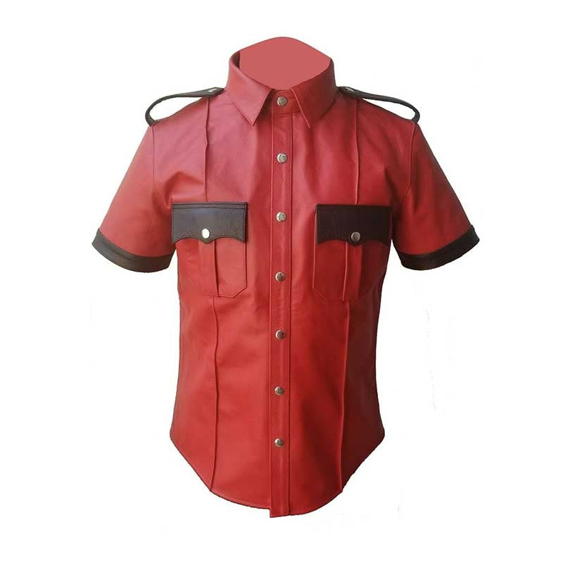 Men's Red Genuine Leather Short Sleeve Shirt