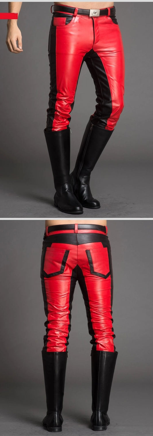 Men's Red & Black Leather Slim Fit Pants