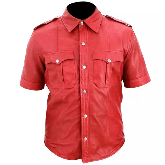 Men's Red Real Leather Short Sleeve Shirt