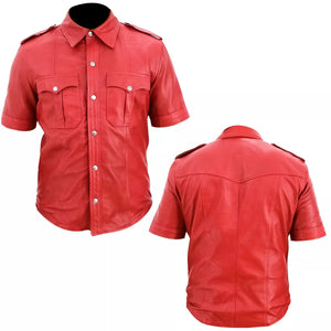 Men's Red Real Leather Short Sleeve Shirt