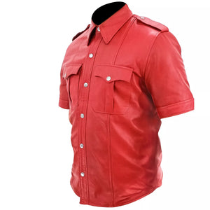 Men's Red Real Leather Short Sleeve Shirt