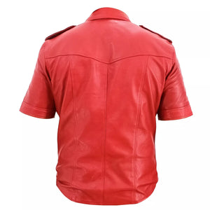 Men's Red Real Leather Short Sleeve Shirt